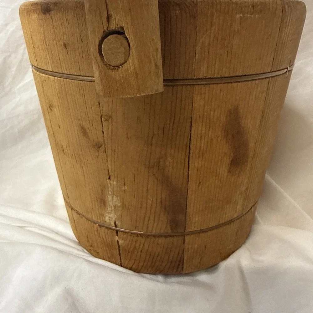 Vintage Wooden Firkin Sugar Bucket Copper Wire Band Rope Well Pail Cottagecore